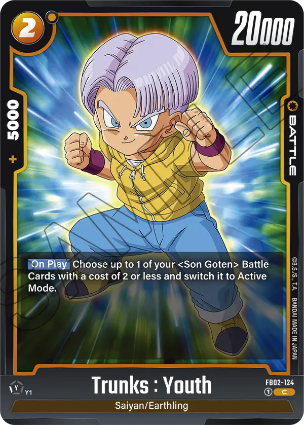 2024 Dragon Ball Super Card Game Fusion World Blazing Aura (FB02) #FB02-124 Trunks : Youth; official card image from the Bandai card database; publisher sample markings retained