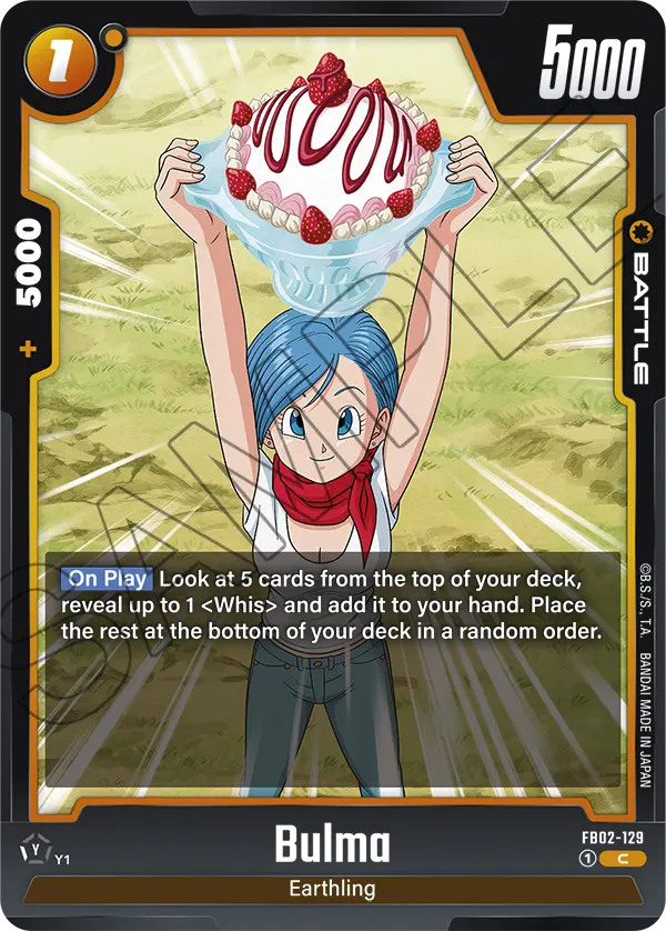 2024 Dragon Ball Super Card Game Fusion World Blazing Aura (FB02) #FB02-129 Bulma; official card image from the Bandai card database; publisher sample markings retained