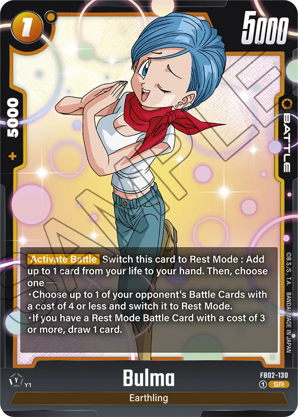2024 Dragon Ball Super Card Game Fusion World Blazing Aura (FB02) #FB02-130 Bulma; official card image from the Bandai card database; publisher sample markings retained