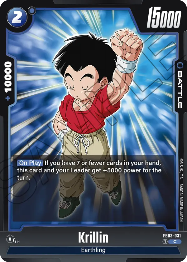 2024 Dragon Ball Super Card Game Fusion World Raging Roar (FB03) #FB03-031 Krillin; official card image from the Bandai card database; publisher sample markings retained