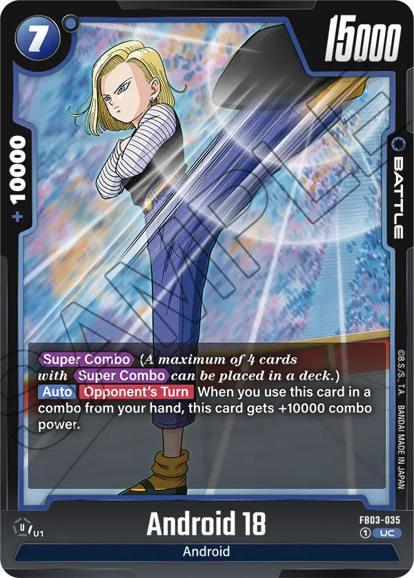 2024 Dragon Ball Super Card Game Fusion World Raging Roar (FB03) #FB03-035 Android 18; official card image from the Bandai card database; publisher sample markings retained