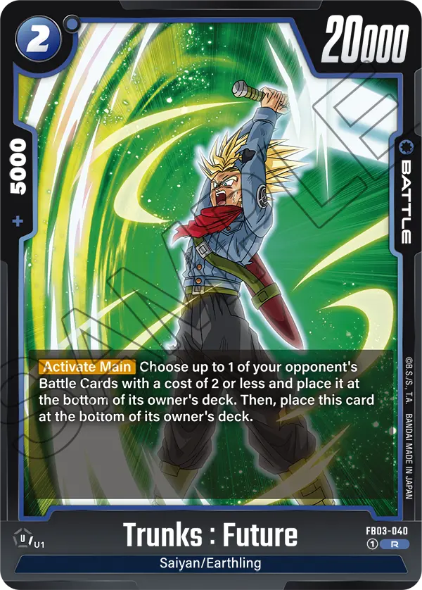 2024 Dragon Ball Super Card Game Fusion World Raging Roar (FB03) #FB03-040 Trunks : Future; official card image from the Bandai card database; publisher sample markings retained