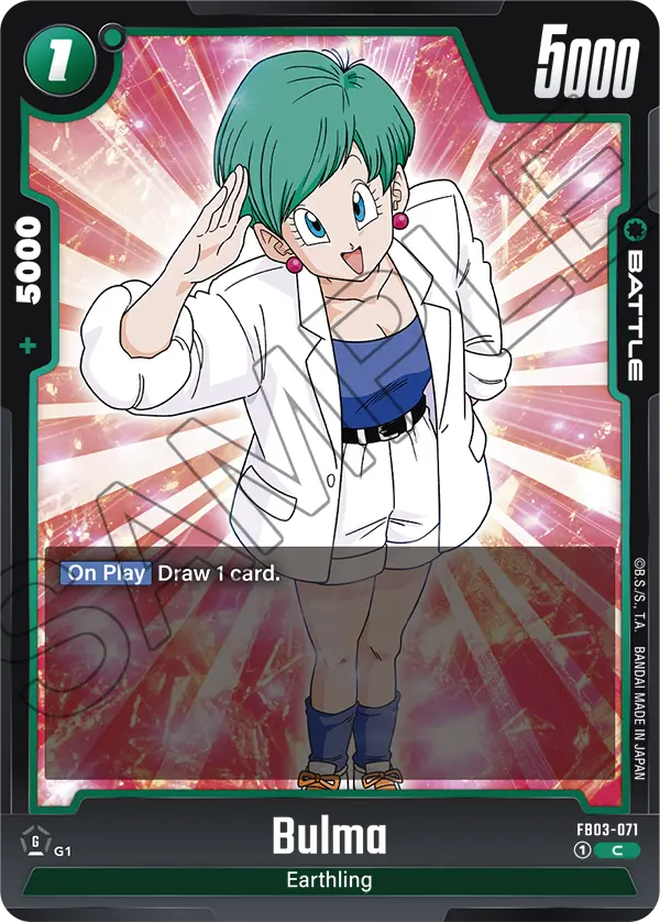 2024 Dragon Ball Super Card Game Fusion World Raging Roar (FB03) #FB03-071 Bulma; official card image from the Bandai card database; publisher sample markings retained