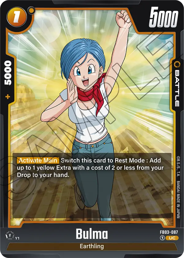 2024 Dragon Ball Super Card Game Fusion World Raging Roar (FB03) #FB03-087 Bulma; official card image from the Bandai card database; publisher sample markings retained