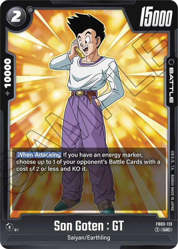 2024 Dragon Ball Super Card Game Fusion World Raging Roar (FB03) #FB03-113 Son Goten : GT; official card image from the Bandai card database; publisher sample markings retained