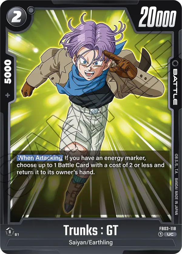 2024 Dragon Ball Super Card Game Fusion World Raging Roar (FB03) #FB03-118 Trunks : GT; official card image from the Bandai card database; publisher sample markings retained