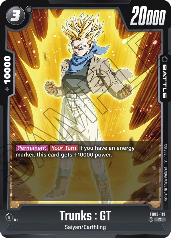 2024 Dragon Ball Super Card Game Fusion World Raging Roar (FB03) #FB03-119 Trunks : GT; official card image from the Bandai card database; publisher sample markings retained