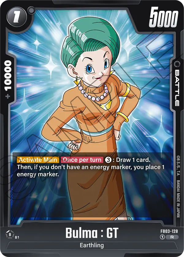 2024 Dragon Ball Super Card Game Fusion World Raging Roar (FB03) #FB03-128 Bulma : GT; official card image from the Bandai card database; publisher sample markings retained