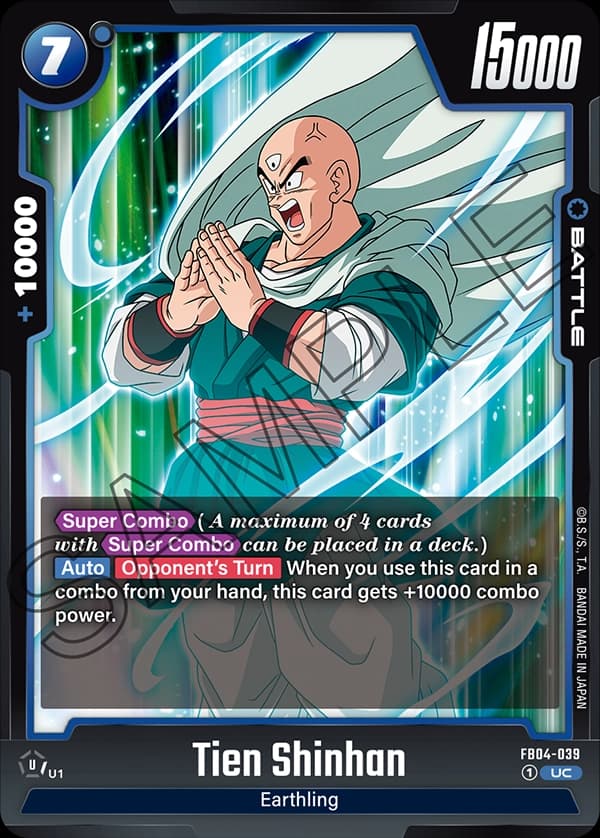 2024 Dragon Ball Super Card Game Fusion World Ultra Limit (FB04) #FB04-039 Tien Shinhan; official card image from the Bandai card database; publisher sample markings retained