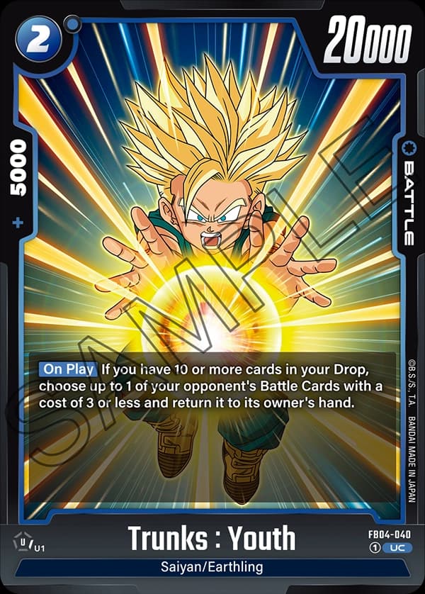 2024 Dragon Ball Super Card Game Fusion World Ultra Limit (FB04) #FB04-040 Trunks : Youth; official card image from the Bandai card database; publisher sample markings retained