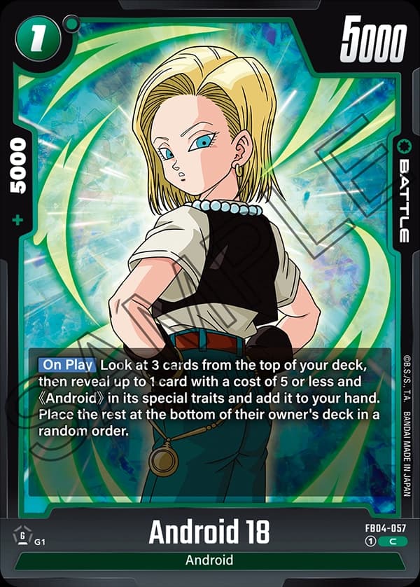 2024 Dragon Ball Super Card Game Fusion World Ultra Limit (FB04) #FB04-057 Android 18; official card image from the Bandai card database; publisher sample markings retained