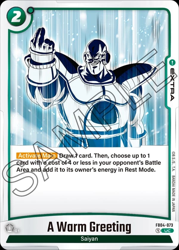 2024 Dragon Ball Super Card Game Fusion World Ultra Limit (FB04) #FB04-073 A Warm Greeting; official card image from the Bandai card database; publisher sample markings retained