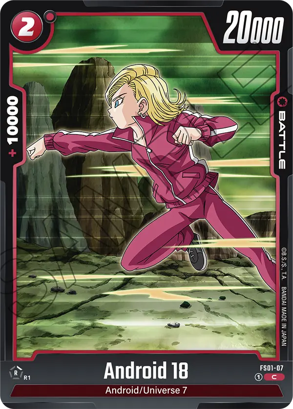 2024 Dragon Ball Super Card Game Fusion World Starter Deck Son Goku (FS01) #FS01-07 Android 18; official card image from the Bandai card database; publisher sample markings retained