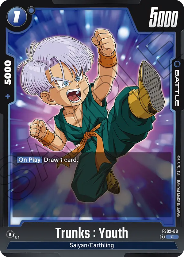 2024 Dragon Ball Super Card Game Fusion World Starter Deck Vegeta (FS02) #FS02-08 Trunks : Youth; official card image from the Bandai card database; publisher sample markings retained