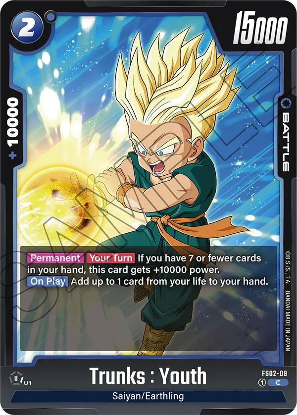 2024 Dragon Ball Super Card Game Fusion World Starter Deck Vegeta (FS02) #FS02-09 Trunks : Youth; official card image from the Bandai card database; publisher sample markings retained