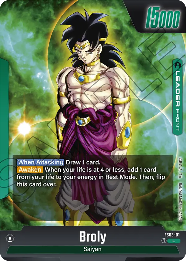 2024 Dragon Ball Super Card Game Fusion World Starter Deck Broly (FS03) #FS03-01 Broly; official card image from the Bandai card database; publisher sample markings retained