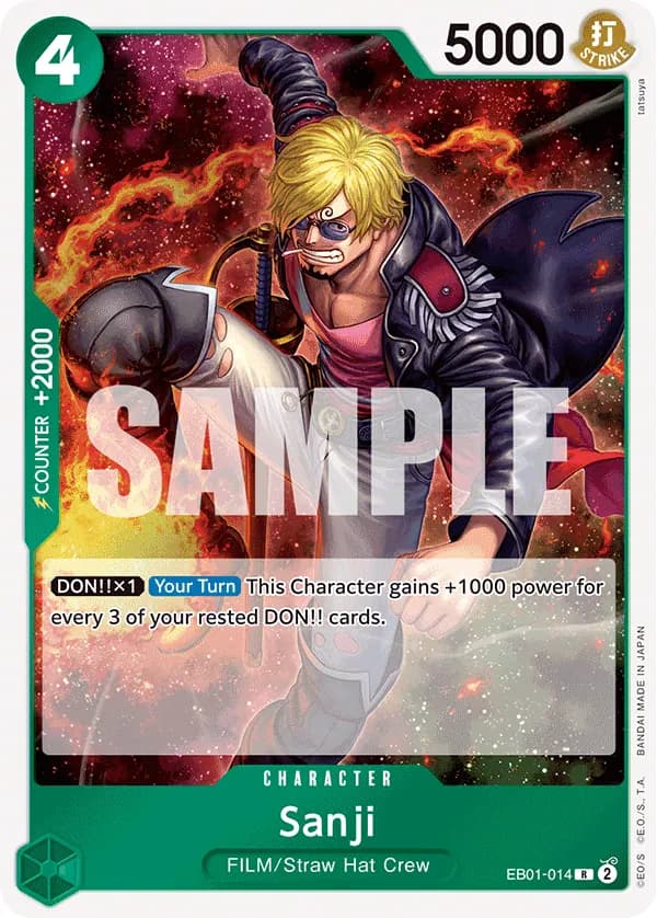 2024 One Piece Card Game Memorial Collection (EB-01) #EB01-014 Sanji; official card image from the Bandai card list; publisher sample markings retained