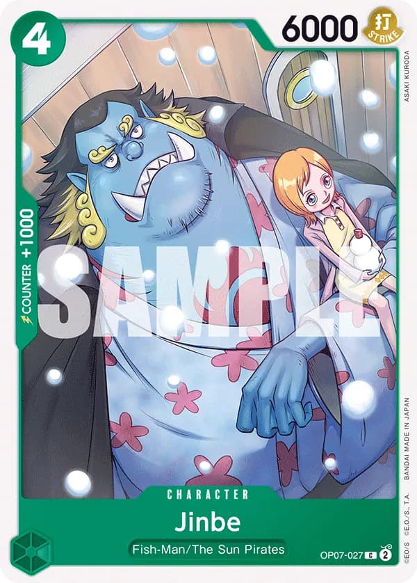2024 One Piece Card Game 500 Years in the Future (OP-07) #OP07-027 Jinbe; official card image from the Bandai card list; publisher sample markings retained