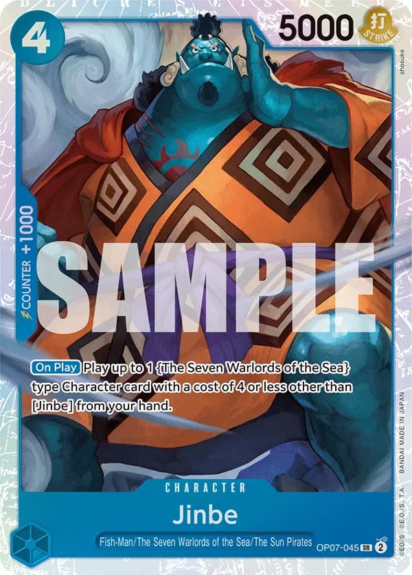 2024 One Piece Card Game 500 Years in the Future (OP-07) #OP07-045 Jinbe; official card image from the Bandai card list; publisher sample markings retained