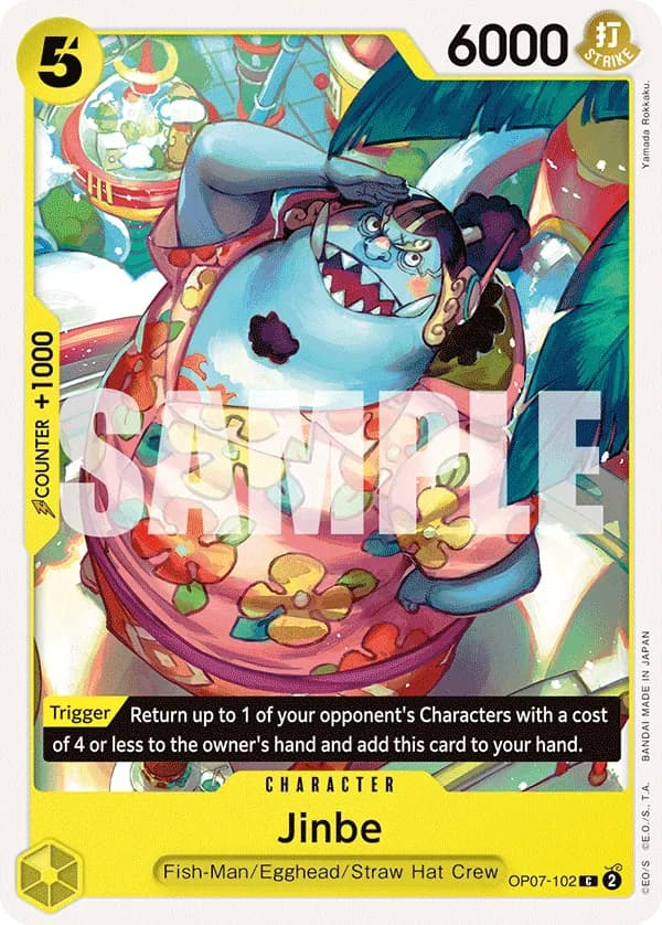 2024 One Piece Card Game 500 Years in the Future (OP-07) #OP07-102 Jinbe; official card image from the Bandai card list; publisher sample markings retained