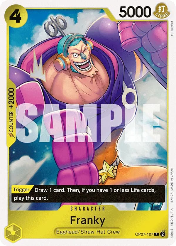 2024 One Piece Card Game 500 Years in the Future (OP-07) #OP07-107 Franky; official card image from the Bandai card list; publisher sample markings retained