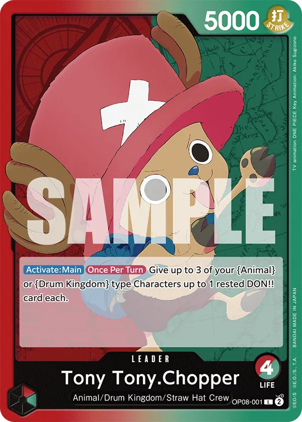 2024 One Piece Card Game Two Legends (OP-08) #OP08-001 Tony Tony.Chopper; official card image from the Bandai card list; publisher sample markings retained
