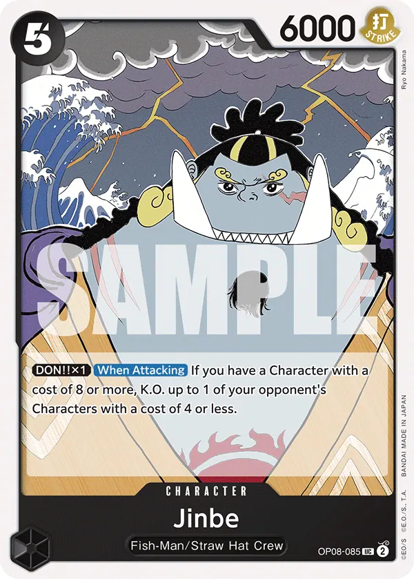 2024 One Piece Card Game Two Legends (OP-08) #OP08-085 Jinbe; official card image from the Bandai card list; publisher sample markings retained