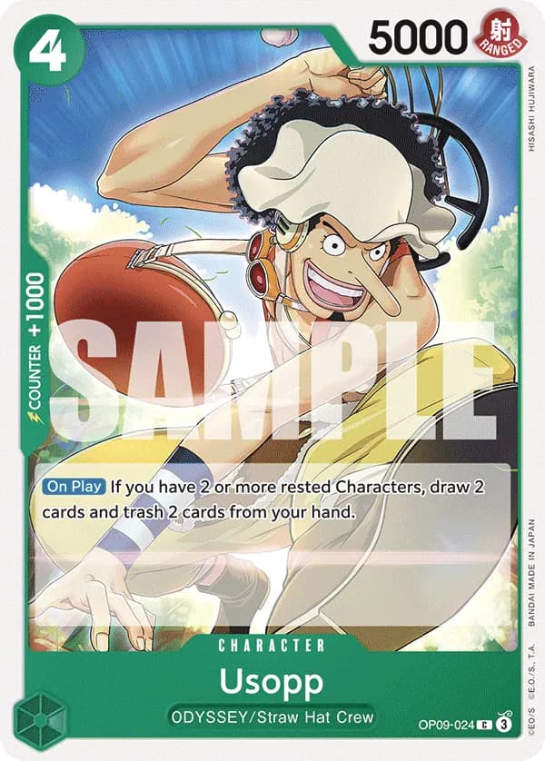 2024 One Piece Card Game Emperors in the New World (OP-09) #OP09-024 Usopp; official card image from the Bandai card list; publisher sample markings retained