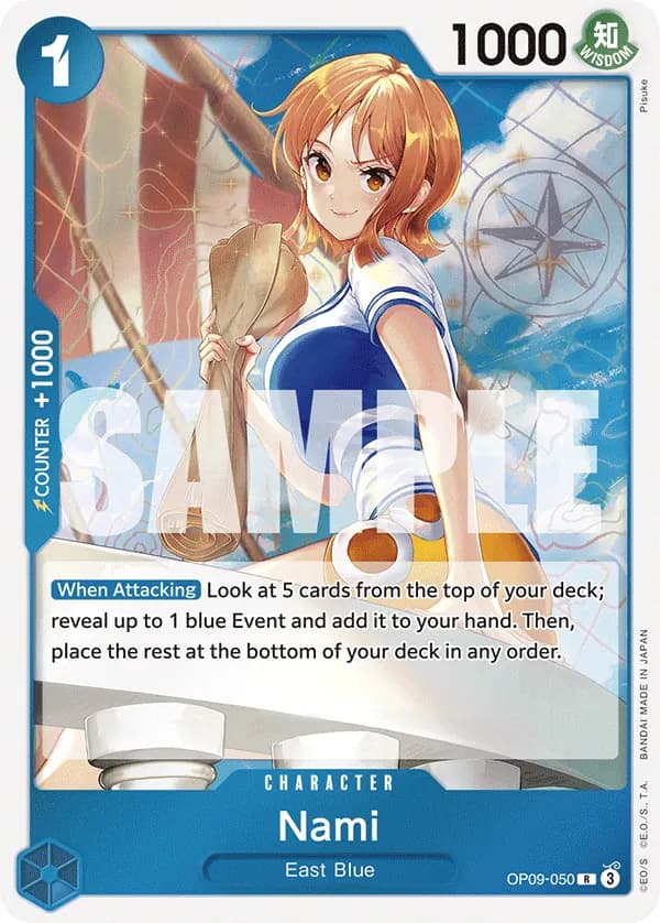 2024 One Piece Card Game Emperors in the New World (OP-09) #OP09-050 Nami; official card image from the Bandai card list; publisher sample markings retained