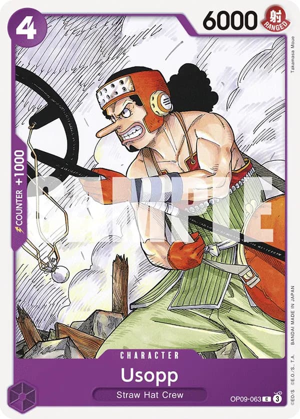 2024 One Piece Card Game Emperors in the New World (OP-09) #OP09-063 Usopp; official card image from the Bandai card list; publisher sample markings retained