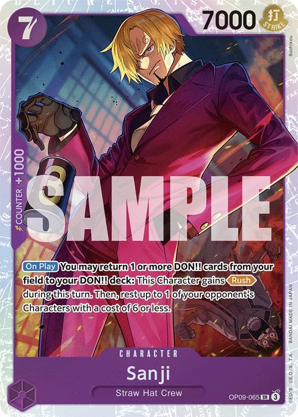 2024 One Piece Card Game Emperors in the New World (OP-09) #OP09-065 Sanji; official card image from the Bandai card list; publisher sample markings retained