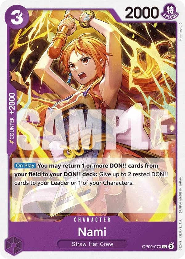 2024 One Piece Card Game Emperors in the New World (OP-09) #OP09-070 Nami; official card image from the Bandai card list; publisher sample markings retained