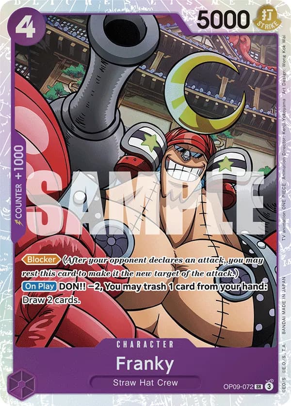 2024 One Piece Card Game Emperors in the New World (OP-09) #OP09-072 Franky; official card image from the Bandai card list; publisher sample markings retained
