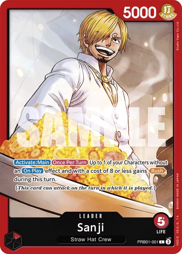 2024 One Piece Card Game One Piece Card The Best (PRB-01) #PRB01-001 Sanji; official card image from the Bandai card list; publisher sample markings retained