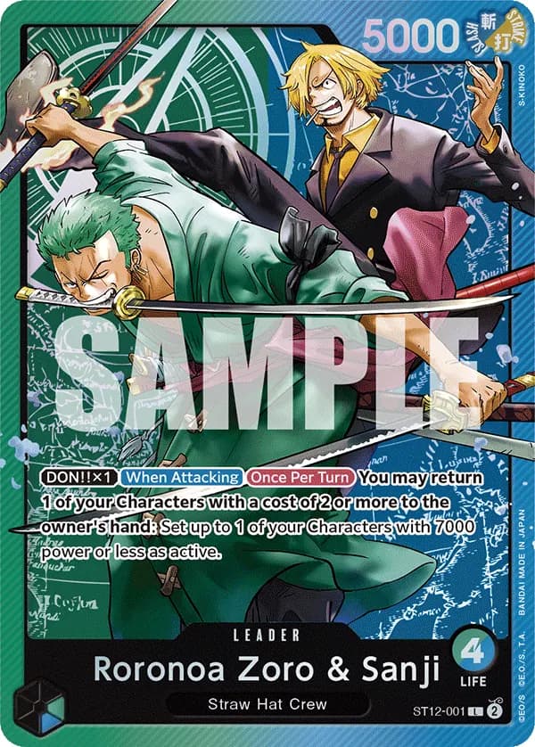 2024 One Piece Card Game Zoro and Sanji (ST-12) #ST12-001 Roronoa Zoro & Sanji; official card image from the Bandai card list; publisher sample markings retained