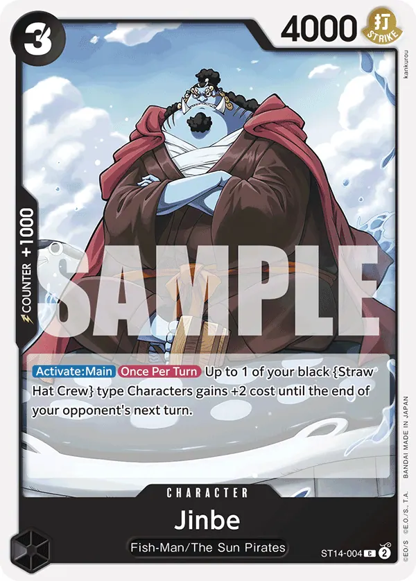 2024 One Piece Card Game 3D2Y (ST-14) #ST14-004 Jinbe; official card image from the Bandai card list; publisher sample markings retained