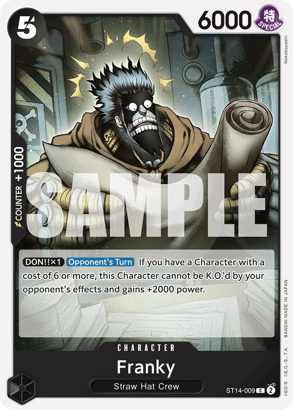 2024 One Piece Card Game 3D2Y (ST-14) #ST14-009 Franky; official card image from the Bandai card list; publisher sample markings retained