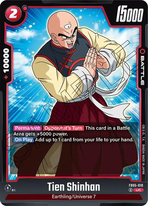 2025 Dragon Ball Super Card Game Fusion World New Adventure (FB05) #FB05-010 Tien Shinhan; official card image from the Bandai card database; publisher sample markings retained