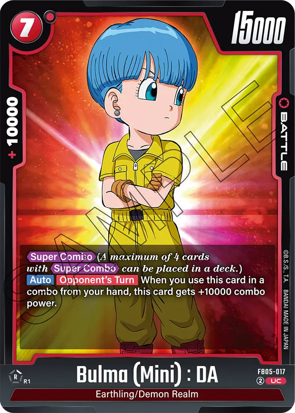 2025 Dragon Ball Super Card Game Fusion World New Adventure (FB05) #FB05-017 Bulma (Mini) : DA; official card image from the Bandai card database; publisher sample markings retained
