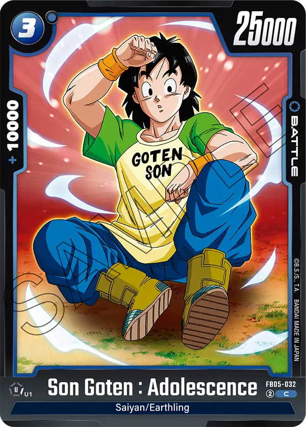 2025 Dragon Ball Super Card Game Fusion World New Adventure (FB05) #FB05-032 Son Goten : Adolescence; official card image from the Bandai card database; publisher sample markings retained
