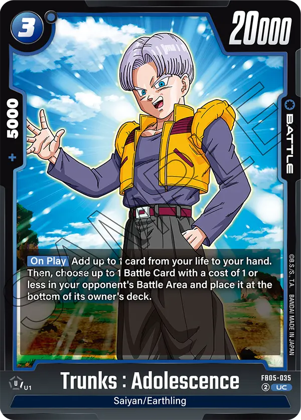 2025 Dragon Ball Super Card Game Fusion World New Adventure (FB05) #FB05-035 Trunks : Adolescence; official card image from the Bandai card database; publisher sample markings retained