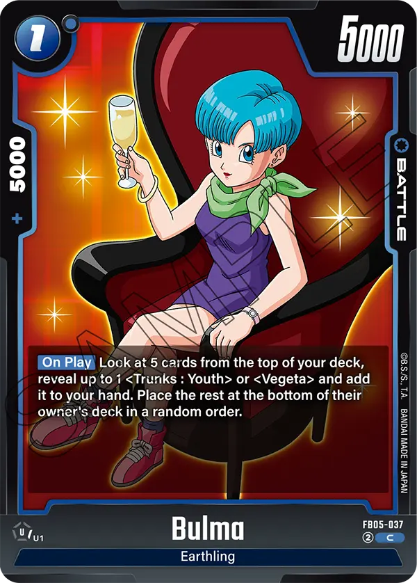 2025 Dragon Ball Super Card Game Fusion World New Adventure (FB05) #FB05-037 Bulma; official card image from the Bandai card database; publisher sample markings retained