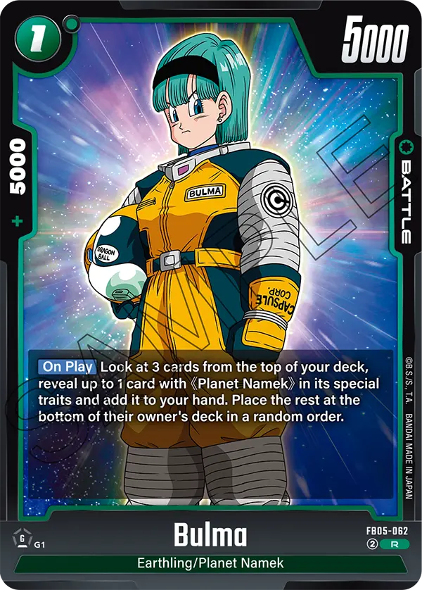 2025 Dragon Ball Super Card Game Fusion World New Adventure (FB05) #FB05-062 Bulma; official card image from the Bandai card database; publisher sample markings retained