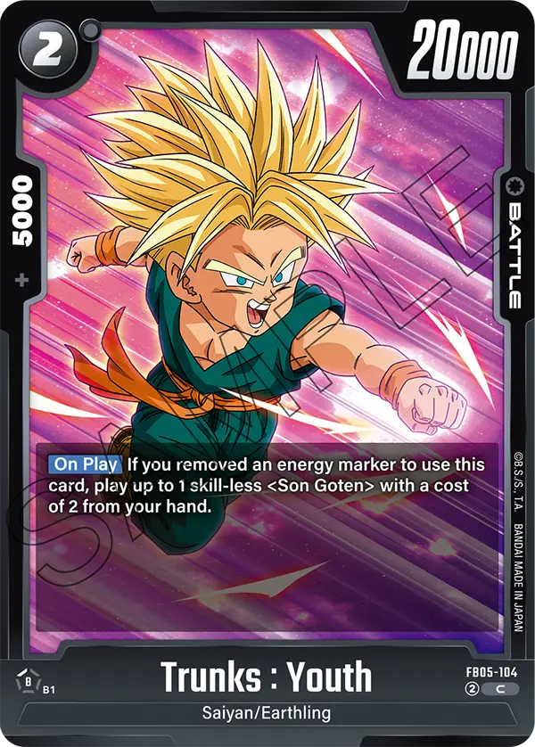 2025 Dragon Ball Super Card Game Fusion World New Adventure (FB05) #FB05-104 Trunks : Youth; official card image from the Bandai card database; publisher sample markings retained