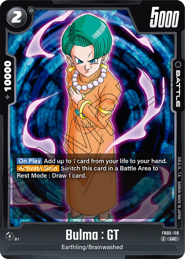 2025 Dragon Ball Super Card Game Fusion World New Adventure (FB05) #FB05-110 Bulma : GT; official card image from the Bandai card database; publisher sample markings retained