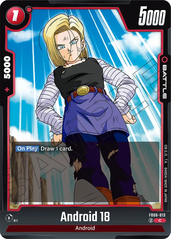 2025 Dragon Ball Super Card Game Fusion World Rivals Clash (FB06) #FB06-013 Android 18; official card image from the Bandai card database; publisher sample markings retained