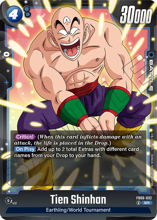 2025 Dragon Ball Super Card Game Fusion World Rivals Clash (FB06) #FB06-032 Tien Shinhan; official card image from the Bandai card database; publisher sample markings retained