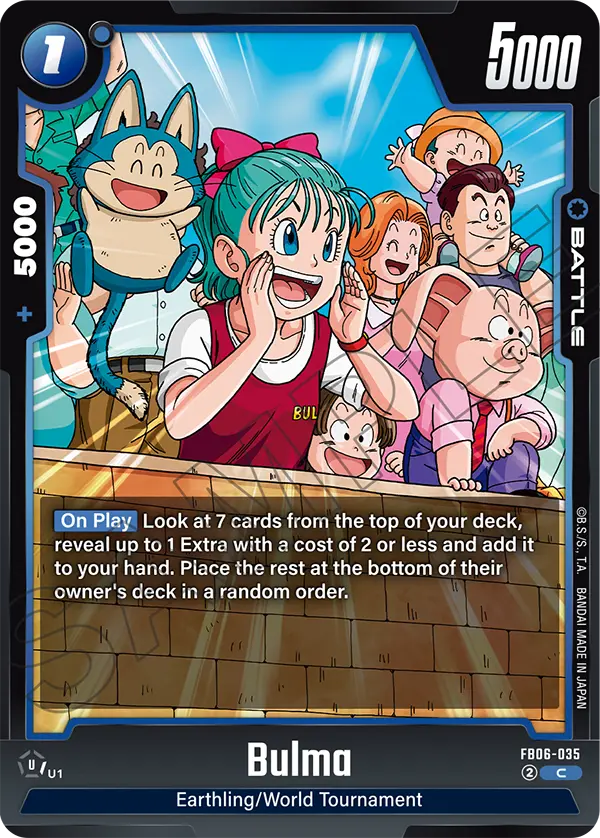 2025 Dragon Ball Super Card Game Fusion World Rivals Clash (FB06) #FB06-035 Bulma; official card image from the Bandai card database; publisher sample markings retained