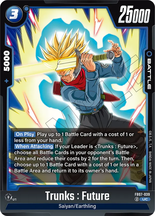 2025 Dragon Ball Super Card Game Fusion World Wish for Shenron (FB07) #FB07-039 Trunks : Future; official card image from the Bandai card database; publisher sample markings retained