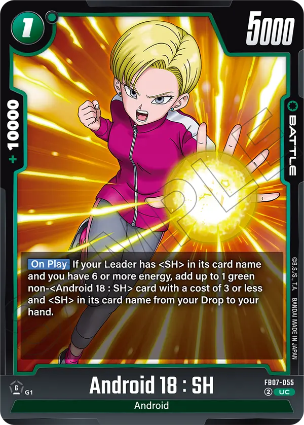2025 Dragon Ball Super Card Game Fusion World Wish for Shenron (FB07) #FB07-055 Android 18 : SH; official card image from the Bandai card database; publisher sample markings retained